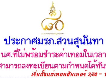 ประกาศมหาวิทยาลัยราชภัฏสวนสุนันทา
สำหรับนักศึกษาที่ไม่พร้อมชำระค่าเทอมในเวลา