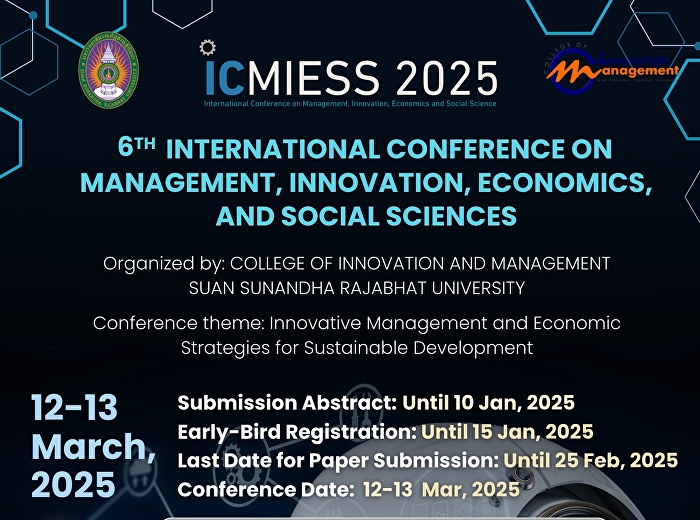 ประชุมวิชาการระดับนานาชาติ ครั้งที่ 6
การประชุมนานาชาติด้านการจัดการ นวัตกรรม
เศรษฐศาสตร์ และสังคมศาสตร์ โดย
วิทยาลัยนวัตกรรมและการจัดการ
มหาวิทยาลัยราชภัฏสวนสุนันทา